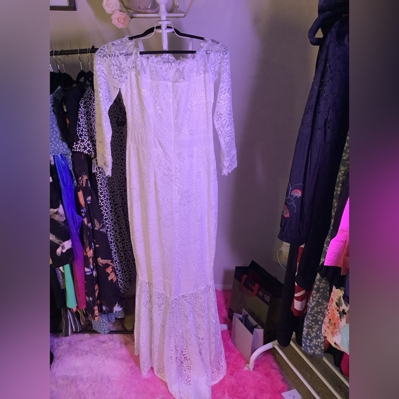 White Lace NWOT Embroidered Maxi Dress Large fitted - Picture 8 of 9